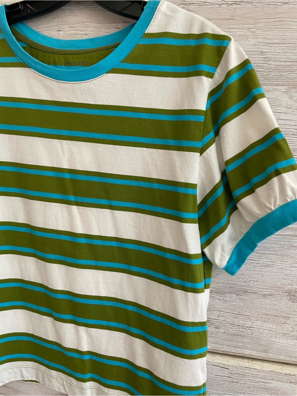 Pilcro White Tee with Olive and Turquoise Stripes